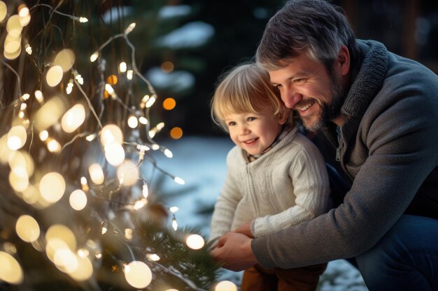 Happy baby and dad near the bokeh christmas tree outside in winter
