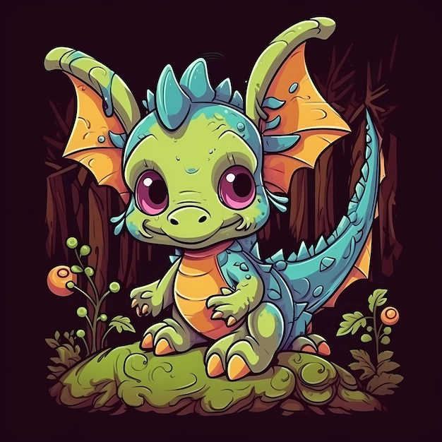 Happy baby dragon cartoon in the forest