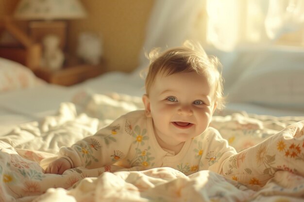사진 행복 한 아기 는 쾌적 한 침실 에서 빛 을 즐기고 밝은 미소 와 만족 한 표현 을 가진 침대 에 있다