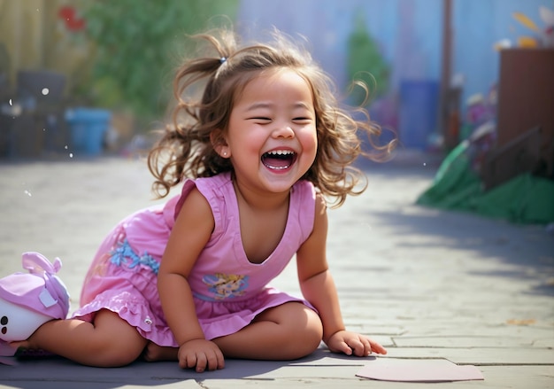 Photo happy baby girl enjoys in play on playground in public park ai generated