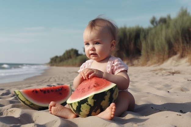 Happy baby girl sits on the sand on the beach and eats watermelon little girl at sea with watermelon generative AI