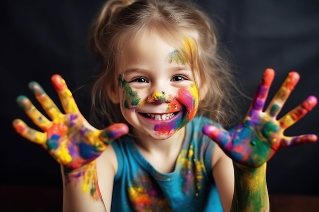 Happy baby girl with colorful paint on her face generative ai