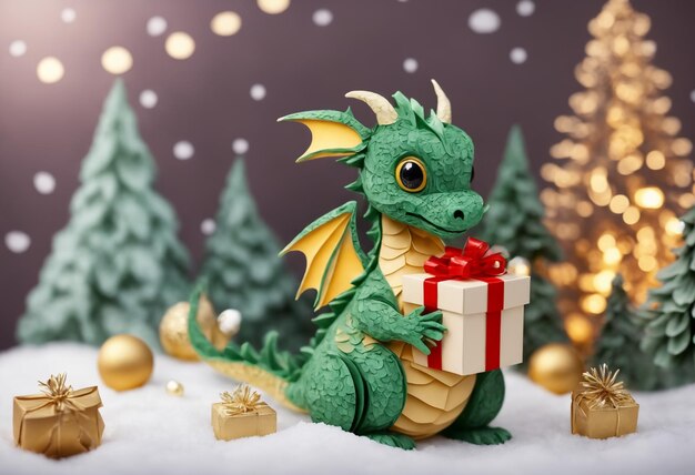 Happy baby green dragon is holding Christmas present Generative AI