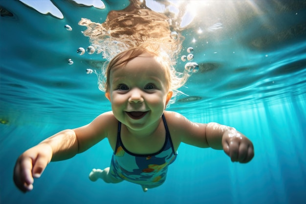 Photo happy baby infant diving in swimming pool and smiling underwater fun