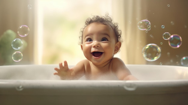 Happy baby laughing in bathtub