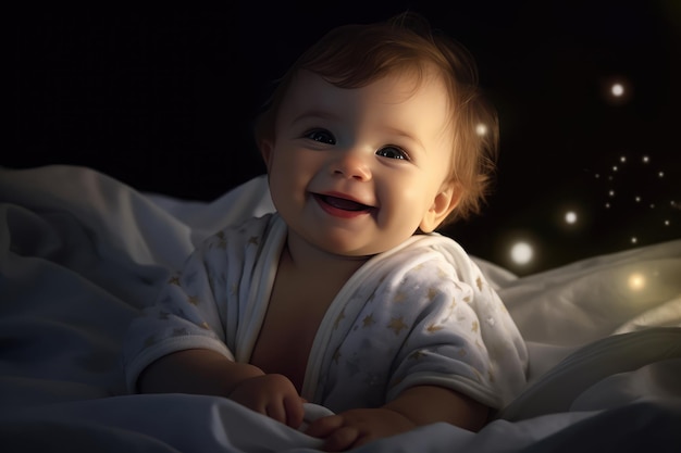 Photo a happy baby laying in bed smiling brightly and surrounded by a comforting white blanket