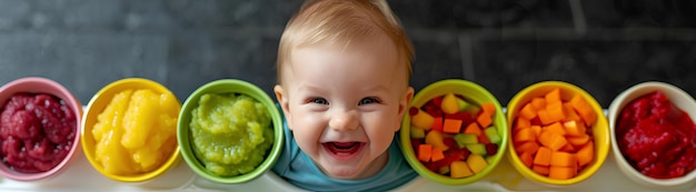 Happy baby looking at a plate of various colors