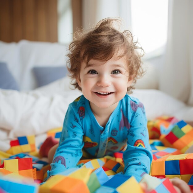 happy baby playing with toy blocks magical dream lights cute toddler boy in bedroom enjoying life educational developmental psychology