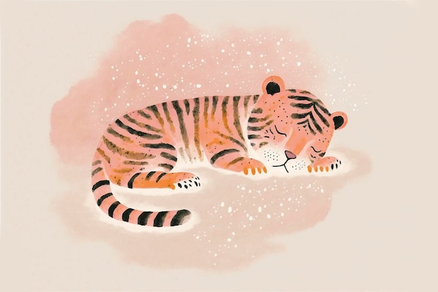 Happy baby tiger sleeping flat on minimalist paper