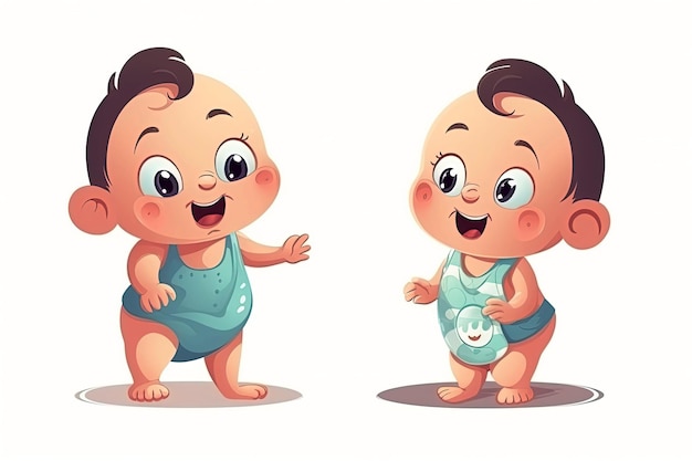 Happy baby toddler boy points finger at copy space on white isolated background Cartoon character