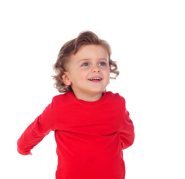 Happy baby wearing red t-shirt 