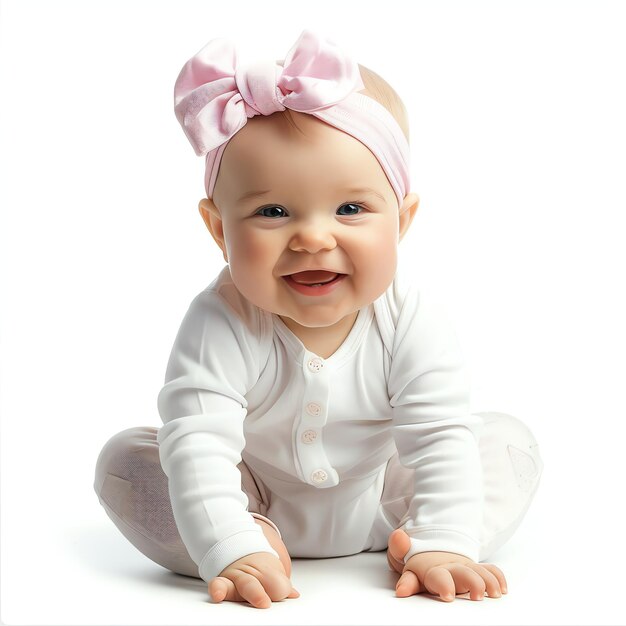 Photo happy baby in white clothes with pink bow watercolor nursery