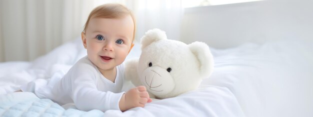 Happy Baby in a white hood in a white sunny bedroom Newborn baby resting in bed Newborn with teddy