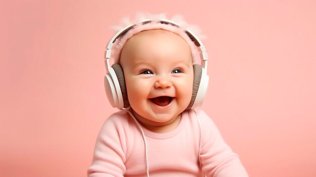 A happy baby with headphones listening music and smiling on a pastel background with copyspace Generative AI