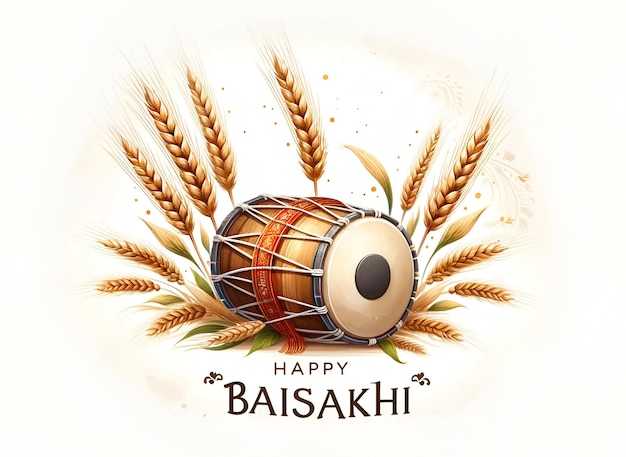 Photo happy baisakhi card watercolor illustration with a dhol and wheats