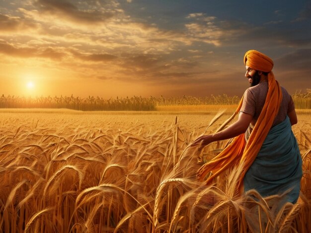 Happy baisakhi wheat field for harvest people festival poster design