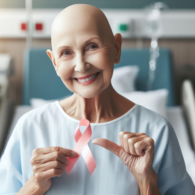 Foto un paziente calvo felice con il cancro che tiene un nastro per il cancro e guarda la telecamera con il dorso sfocato dell'ospedale