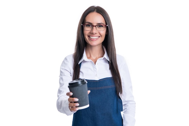 Happy barista with coffee isolated on white barista with coffee in studio barista with coffee