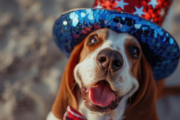 Photo happy basset hound in patriotic sequin hat and bow tie