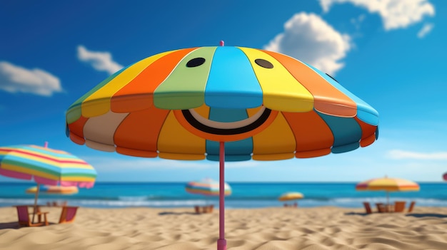 A happy beach umbrella with colorful stripes and a smiling face