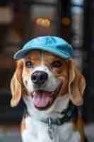 Photo a happy beagle dog wearing a blue hat