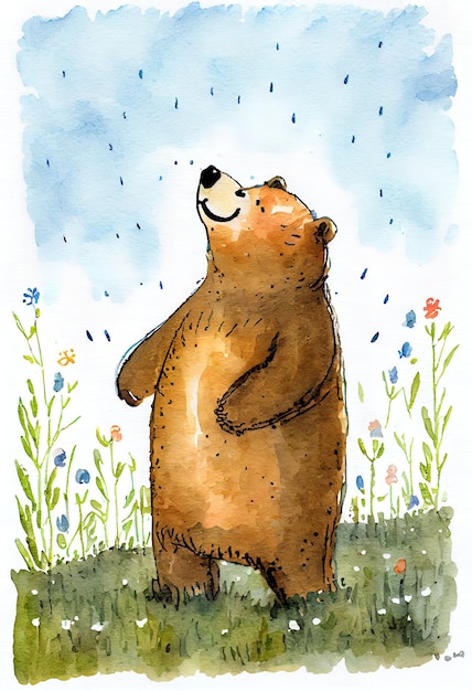 Happy bear watercolor background AI generated