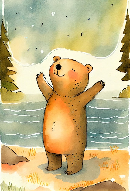 Happy bear watercolor background AI generated