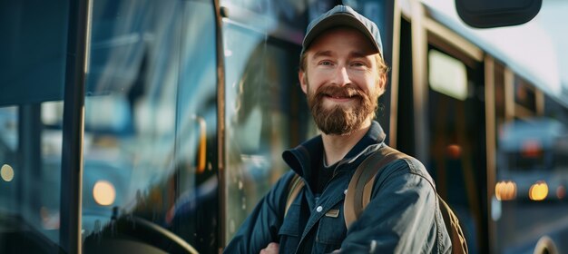 Happy bearded bus driver standing in front of bus with copy space for text