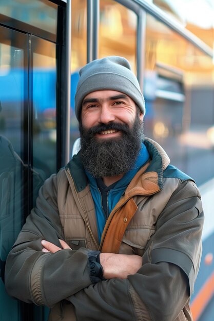 Foto un autista di autobus barbuto felice in piedi davanti all'autobus con spazio di copia per il testo