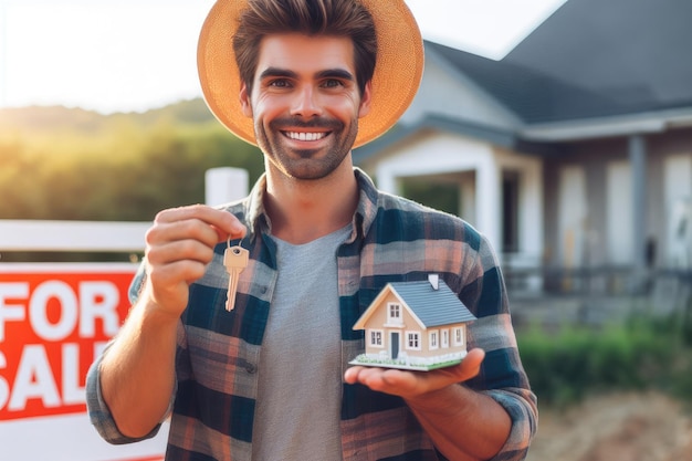 Uomo barbuto felice con le chiavi della casa e una piccola casa giocattolo in mano al tramonto concetto di acquisto immobiliare e investimento