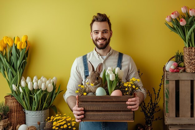 happy bearded man holds a colorful box with easter flowers and bunny eclectic style on yellow