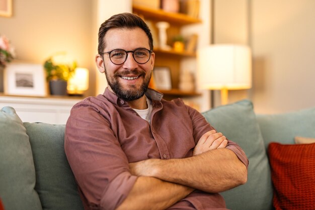 a happy bearded man wearing glasses and a casual shirt smiles in a softly lit home interior his friendly and confident expression creates a warm welcoming atmosphere