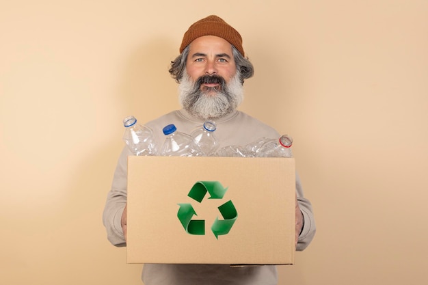 Happy bearded man with a box full of plastic bottles for recycling isolated over brown background