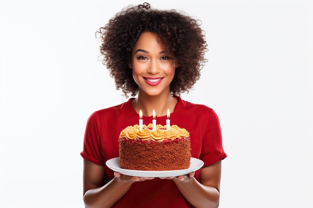 Happy beautiful African American woman holding birthday cake with candles isolated on clean white background