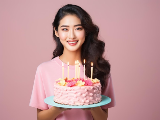 キャンドルで大きな誕生日ケーキを持って幸せな美しいアジアの女性