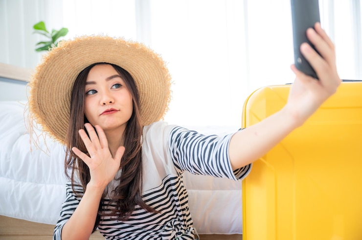 Photo 美しいアジアの女性が休暇に旅行するカラフルなスーツケースの布のビキニをめています