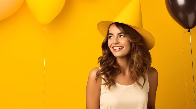 Красивая счастливая азиатка в желтом топе и шляпе Концепция селфи и счастливого выражения лица