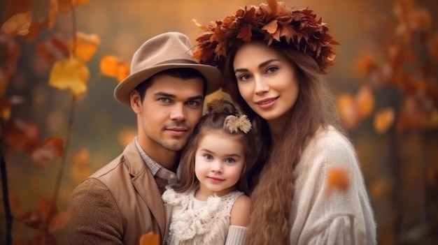 Happy beautiful autumn family Illustration AI Generative