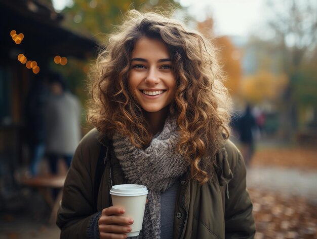 Happy beautiful blonde young woman drinks a hot drink in an autumn park Generative ai