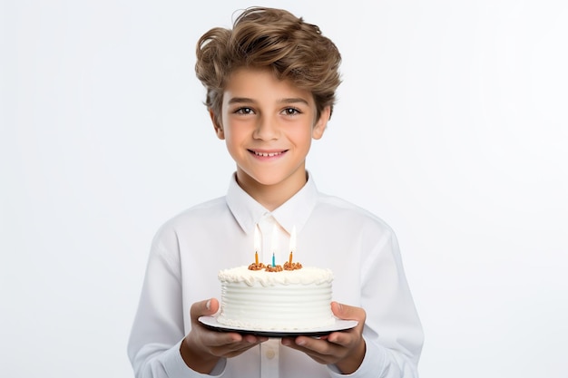 きれいな白い背景に分離されたキャンドルで誕生日ケーキを保持している幸せな美しい少年