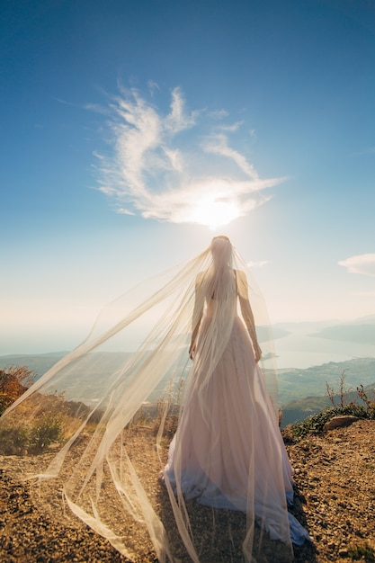 Felice bella sposa all'aperto abito da sposa svolazzante