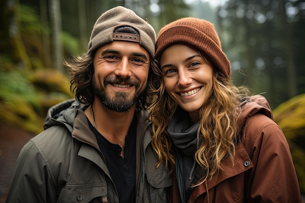 Happy beautiful couple of hikers portraitTwo young people in the nature smiling at the camera