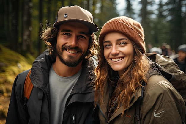 Happy beautiful couple of hikers portraitTwo young people in the nature smiling at the camera