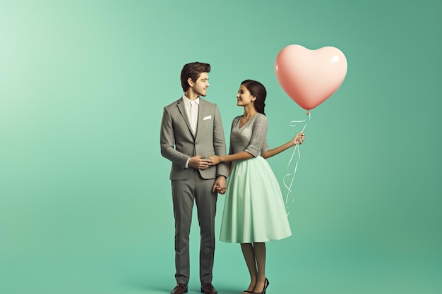 Happy beautiful couple looking at each other and holding balloons Valentine's day