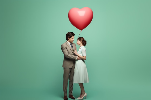 Счастливая красивая пара смотрит друг на друга и держит шарики в День святого Валентина