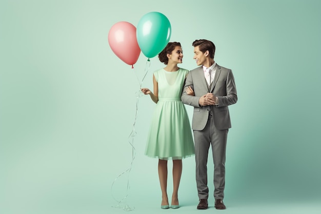 Photo happy beautiful couple looking at each other and holding balloons valentine's day