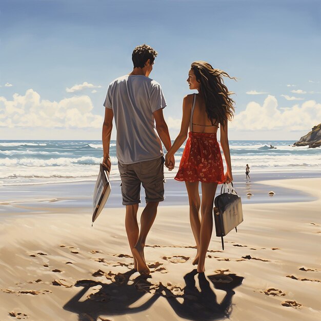 Foto e una bella coppia felice che cammina sulla spiaggia durante le vacanze