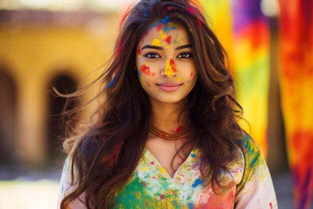 Una bella ragazza felice con un leggero sorriso sul viso che celebra la festa di holi