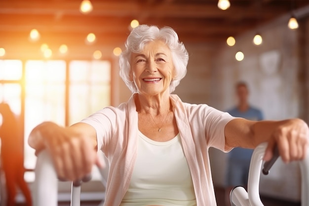 Happy beautiful granny in the gym