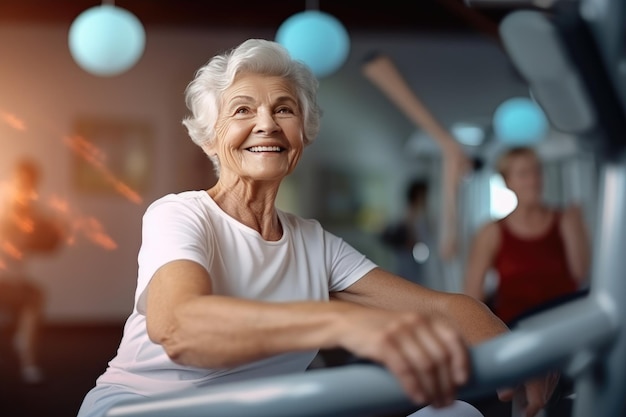 Happy beautiful granny in the gym